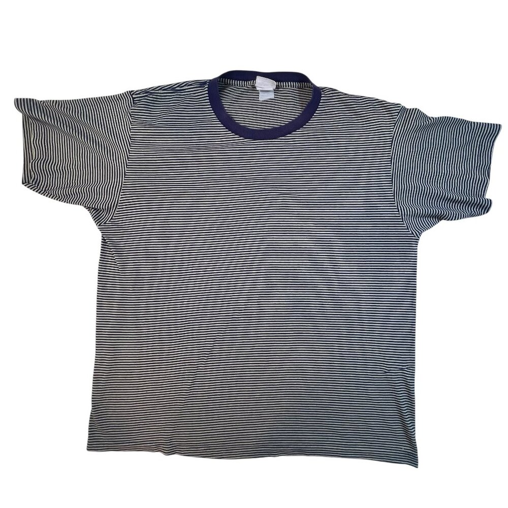 Vintage 90s Striped Tee Basic Editions Blue Cream T-Shirt